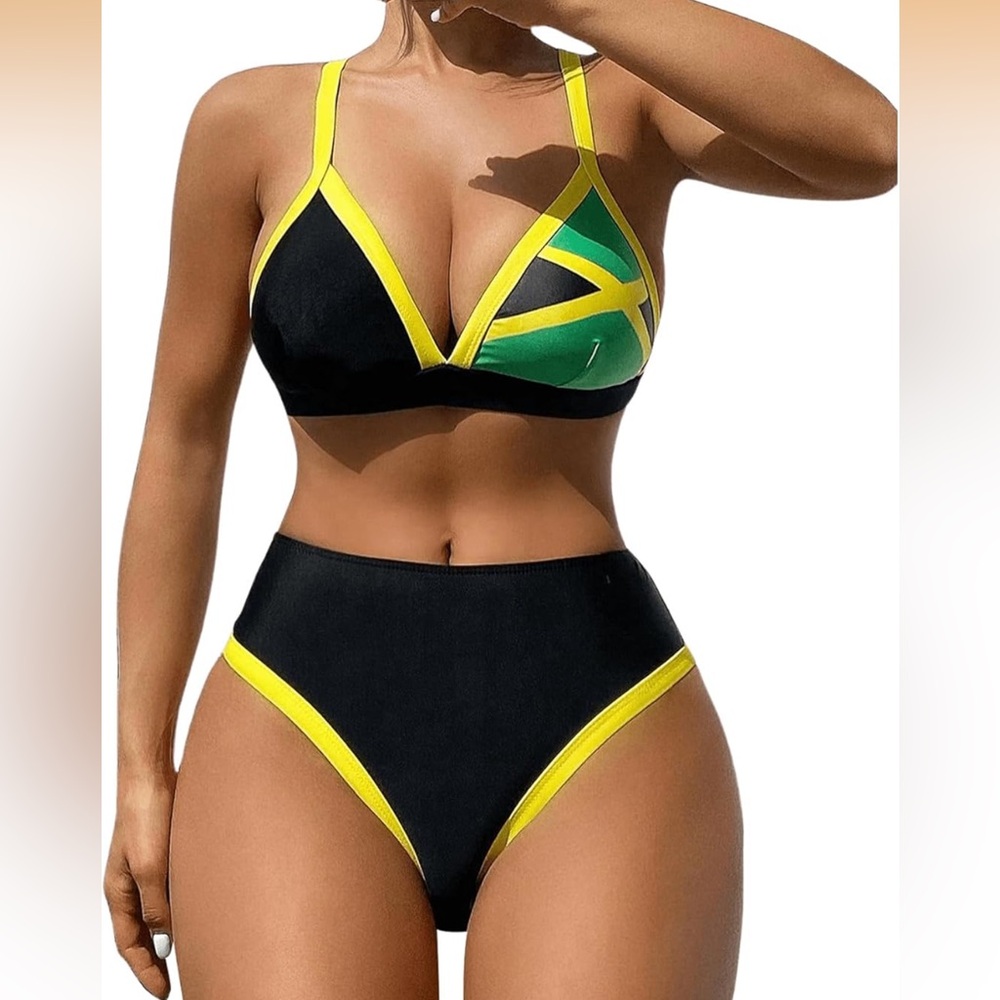 GORGLITTER Triangle Jamaica Color Block High Waisted Bikini High Cut swimsuit